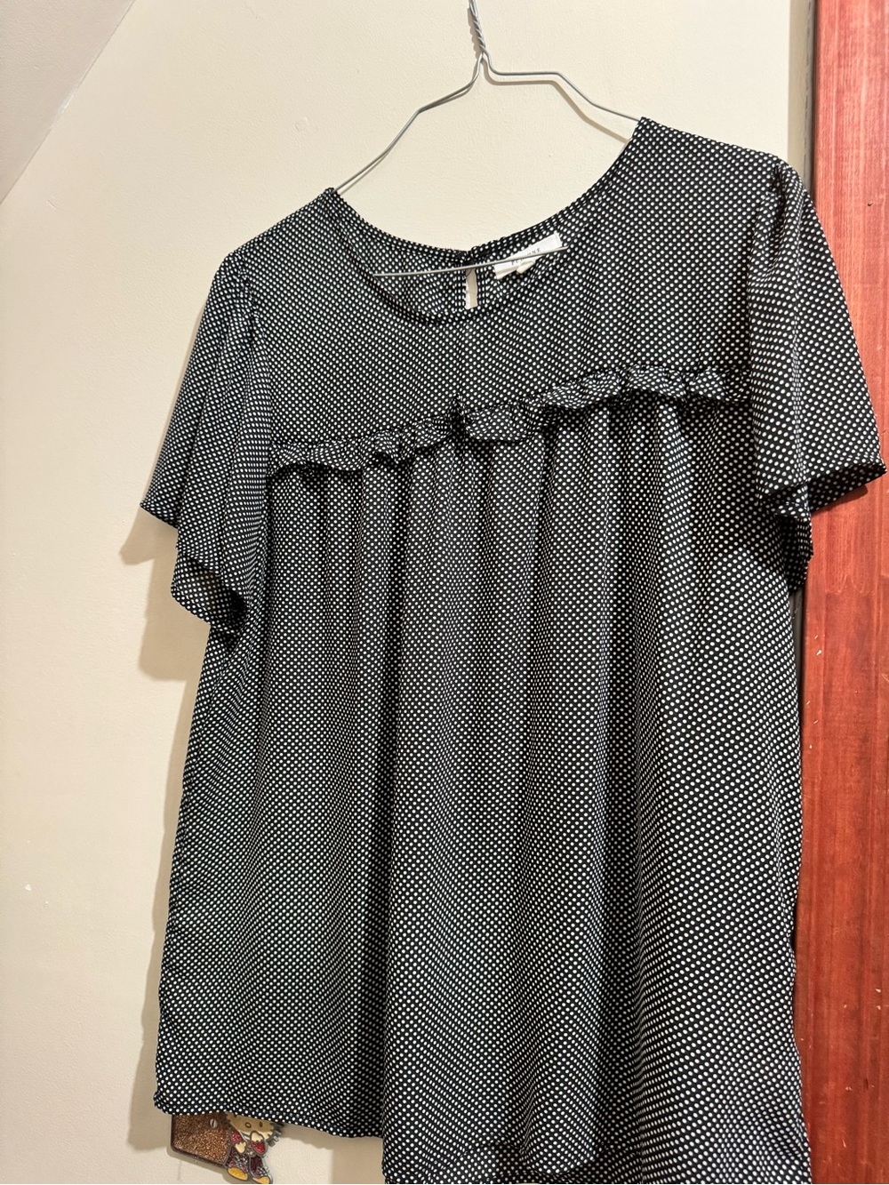 Pleione Black and White Polka Dot Short Sleeve Blouse